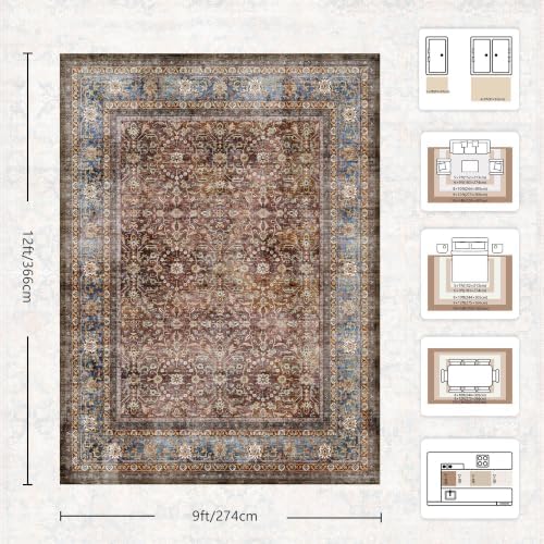 9x12 Area Rugs for Living Room - Washable Vintage Retro Large Rug, Soft Ultra Thin Non Slip Low Pile Traditional Distressed Boho Carpet for Bedroom Dining Room Home Office, Dark Red Brown - Image 2