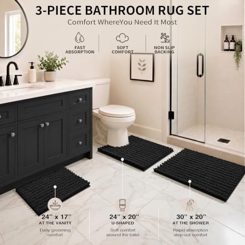 Yimobra Black Bathroom Rug Set 3 Piece, Super Water Absorbent Bath Mat Set - Image 2