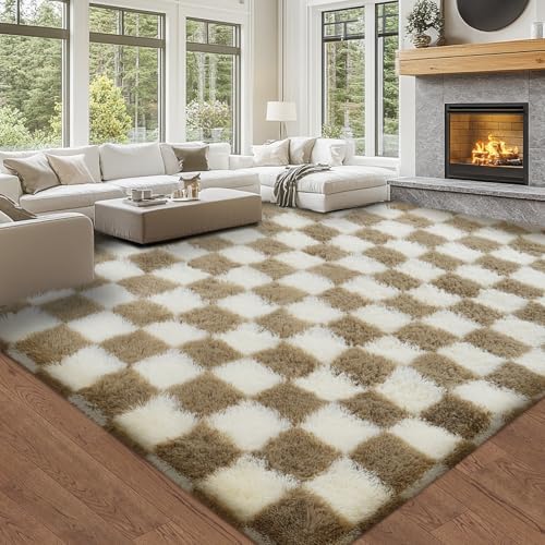 Topmaxcs 8x10 Fluffy Living Room Rug: Beige and White Checkered Rugs - Image 2