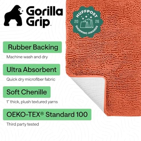 GORILLA GRIP Bath Rug Mat for Bathroom, Absorbent Chenille, 30x20 Coral - Image 2