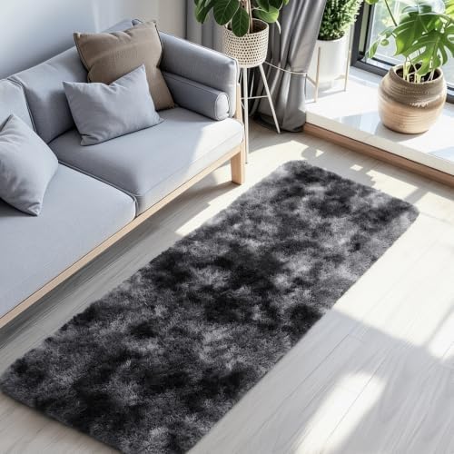 Ophanie Tie-Dyed Black & Grey Area Rugs 2x6 for Bedroom Living Room, Fluffy Shag Fuzzy Carpet, Plush Shaggy Rug, Indoor Carpet for Kids Boys Dorm Home Decor Aesthetic, Nursery with 99 pcs Pile fibers - Image 3