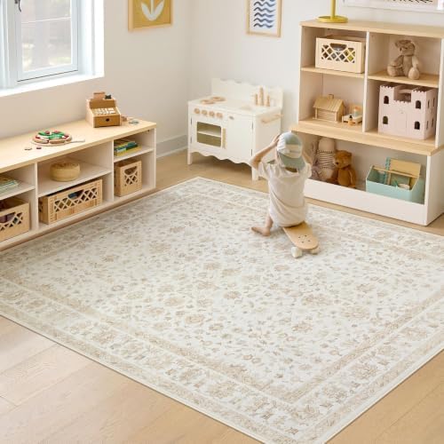 6x9 Area Rugs for Living Room: Washable Vintage Floral Rug Low Pile Non-Slip Boho Carpet for Nursery Bedroom Dining Room (Vintage Beige, 6'x9') - Image 2
