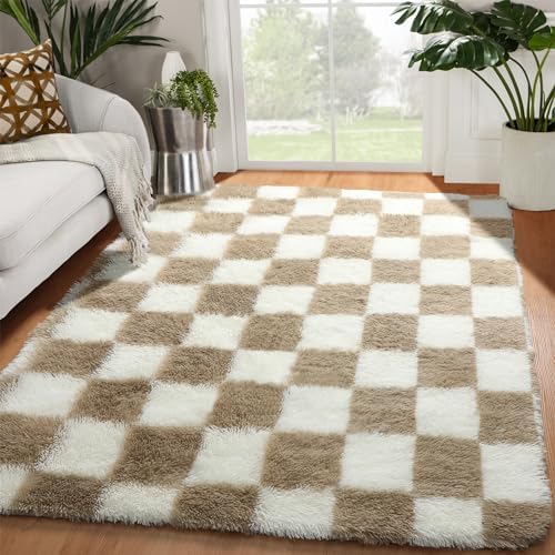 KICMOR Area Rugs for Bedroom Living Room, 4x6 Fluffy Soft Beige and Cream White Checkered Rug Fuzzy Shag Shaggy Carpet, Indoor Plush Rugs for Kids Boys Girls Dorm Nursery Office Home Decor Aesthetic by KICMOR