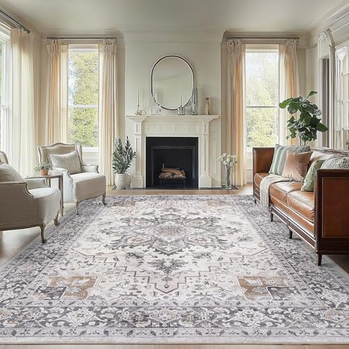 Amada Large 8x10 Washable Area Rug for Living Room, Taupe, Boho Vintage by AMADAHOMEFURNISHING