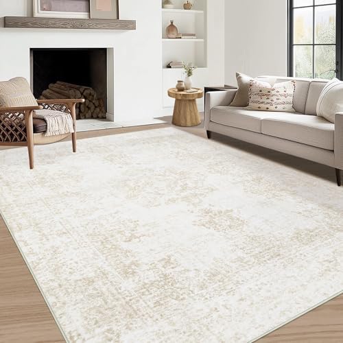Vintage Living Room Area Rug - 5x7 Large Machine Washable Boho Moroccan Rug Distressed Farmhouse Rugs for Bedroom - Soft Non-Slip Indoor Carpet for Dining Room Office Nursery(Ivory, 5'x7') by AOYAOMI