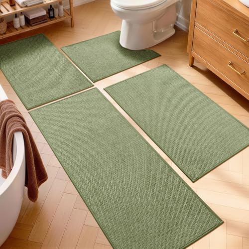 YIHOUSE Green Bathroom Rugs Sets 4 Piece, Quick Dry Non Slip Thin Bath Mat with Toilet Rug, Absorbent Machine Washable Bath Runner Rugs for Bathtub Sink Home Decor by YIHOUSE