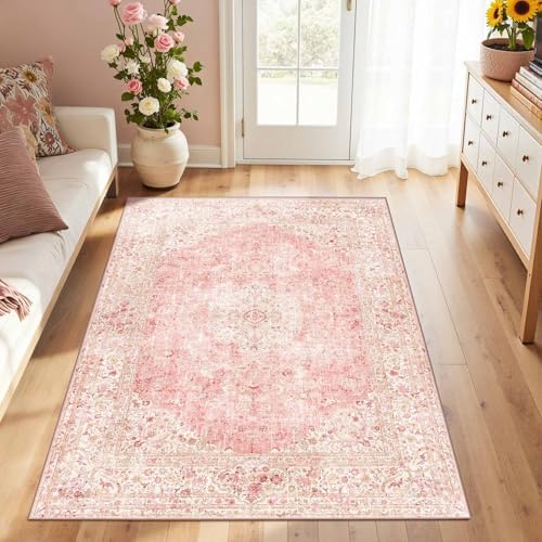 3x5 Entryway Pink Area Rugs, Vintage Floral Washable Rugs by LatteFog