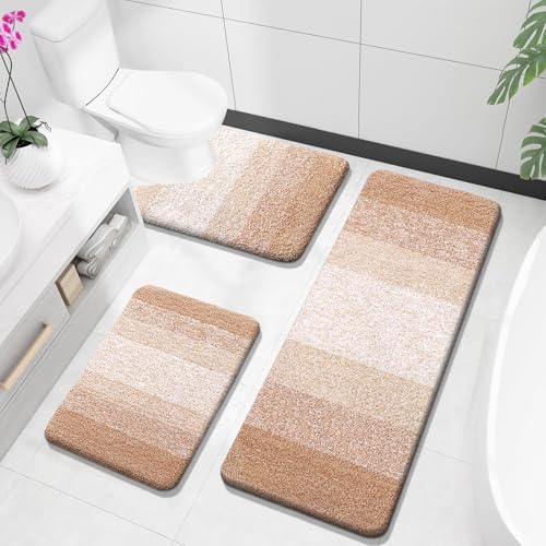OLANLY Microfiber Bathroom Rugs Sets 3 Piece, Absorbent Bath Mats, Beige by OLANLY