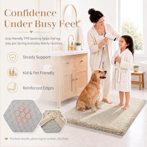 Yimobra Bathroom Rugs Non Slip Washable 36X24, Plush Bath Mat, Beige&White - Image 6