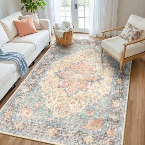RELEANY Washable Area Rug, 5'x8', Blue/Orange/Red by RELEANY