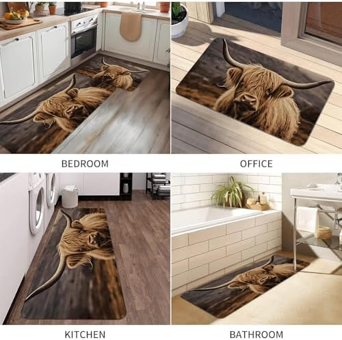 Farmhouse Highland Cow Kitchen Rugs Sets of 2 Non Slip Washable, Rustic Country Brown Highland Cow Kitchen Mats for Floor 2 Piece Home Decor - Image 7