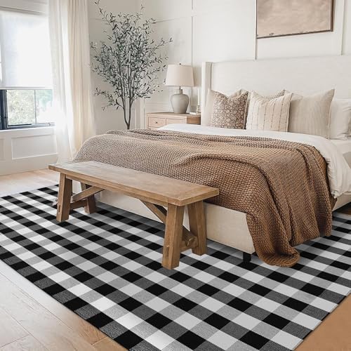 IOHOUZE 8x10 Buffalo Plaid Area Rug, Washable Indoor Outdoor, Black White - Image 3