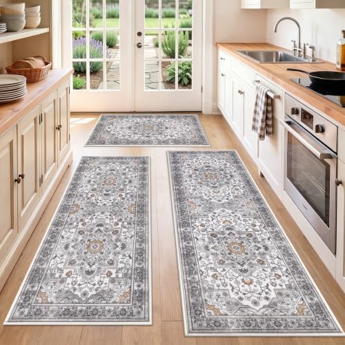 HEBE Boho Kitchen Rugs Set of 3, Non Slip Washable Kitchen Mats for Floor by HEBE