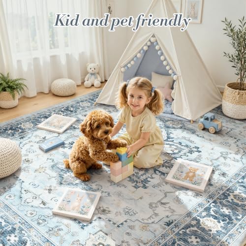 5x7 Light Blue Area Rugs for Living Room, Vintage Washable Rug - Image 5