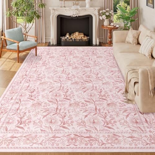 DUKINO 9x12 Area Rug for Living Room Vintage Floral Washable Rug Light Pink by DUKINO