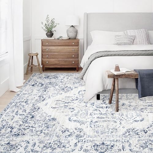 10x14 Area Rugs for Living Room: Washable Rug Vintage Large Rugs Soft Non Slip Low Pile Rug Floral Distressed Floor Carpet for Bedroom Nursery Dining Room Home Office (Blue,10'x14') - Image 3