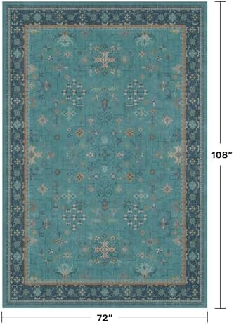 Boho Teal 6x9 Area Rugs for Living Room, Geometric Floral Design Rug for Bedroom, Dining Room - Vintage Turquoise Décor Indoor, Low Pile & Soft Stain Resistant Carpet - Image 2