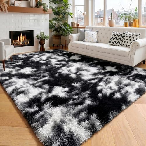 Amdrebio Black White Grey Large Fur Rug 8x10 for Living Room Bedroom Carpet by Amdrebio