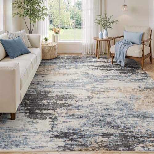 6x9 Area Rug for Living Room, Abstract Washable Non-Slip Rugs, Grey/ Blue by Lofus