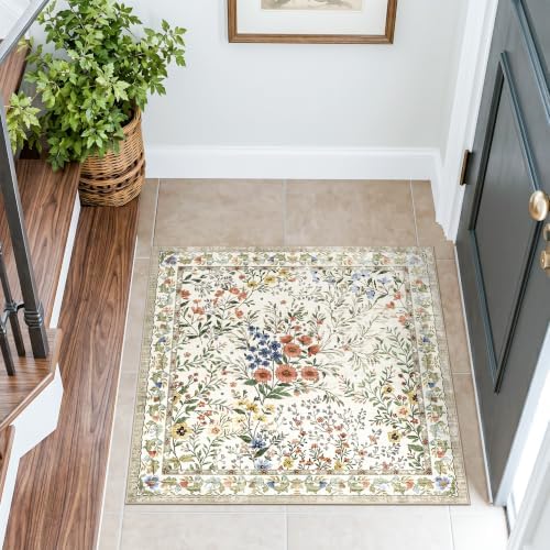 3x3 Square Entry Rug Foyer Entryway: Non-Slip Floral Washable Rugs for Indoor Floor Living Room Kitchen Bedroom - Soft Thin Doormat Carpet Boho Vintage Home Decor (3ft Square, Beige) - Image 4