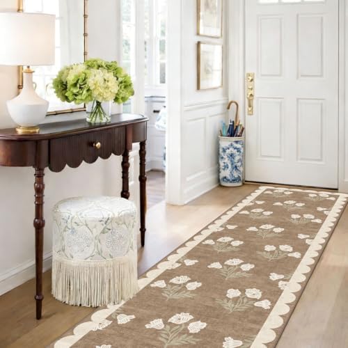 Non Slip Washable Hallway Runner Rug - 2x10 Long Tan Kitchen Runner Rug Soft Boho Runners for Hallways Cottage Floral Scalloped Area Rug for Bedroom Entryway Foyer Bathroom Double Vanity Decor - Image 6