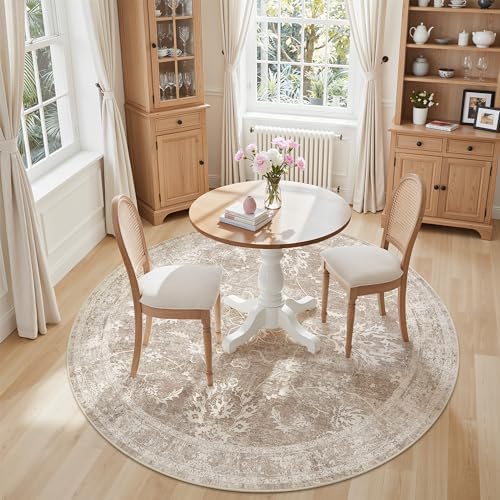 Madane Washable Round Rug 5ft for Living Room, Soft Neutral Rug Brown/Sand - Image 2