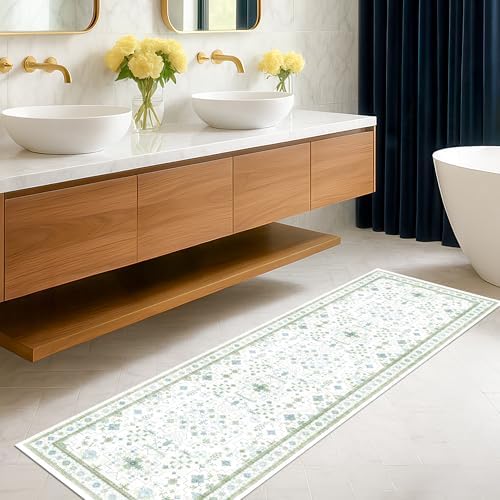 Hazo Haus Washable Oushak 2x8 Bathroom Runner Rug - Vintage Turkish Floral 8ft Long Low Pile Non Slip Runners for Kitchen, Hallway - Cream Blue and Green by HazoHaus