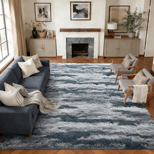 9x12 Extra Large Fluffy Area Rugs Non-Slip for Living Room Tie-Dyed Blue - Image 2