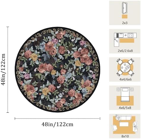 Washable 4ft Round Area Rug, Navy Boho Floral Non-Slip for Bedroom, Kitchen - Image 2