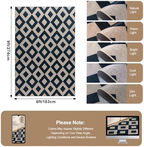 6×9 Easy Jute Rug Washable Rugs Low Pile Indoor Farmhouse Neutral Non Slip Rug Modern Carpet Door Mat for Backyard Bedroom Kitchen Porch Patio Black - Image 2
