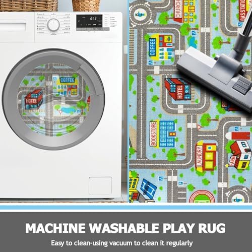 Capslpad Sky Blue Car Road Kid Rug Carpet Playmat for Playoom Traffic Road Kids Play Mat for Toddler Non Slip Washable City Map Race Track Carpet Rug for Kids Room Bedroom Nursery Room Decor,5.2'x3.3' - Image 5
