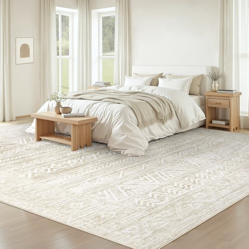 Living Room Rugs 8x10: Washable Moroccan Geometric Boho Rug Farmhouse Non Slip Stain Resistant Large Rug Low Pile Soft Carpet for Bedroom Dining Room Kids Room (Ivory Beige,8'x10') - Image 2