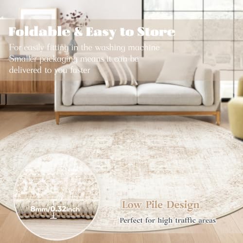 Round Rugs 5ft Washable Rug, Vintage Boho Medallion Rugs Non-Slip Soft Low Pile Circle Distressed Rug Indoor Retro Carpet for Living Room Bedroom Dining Room Home Office (Beige, 5' Round) - Image 7