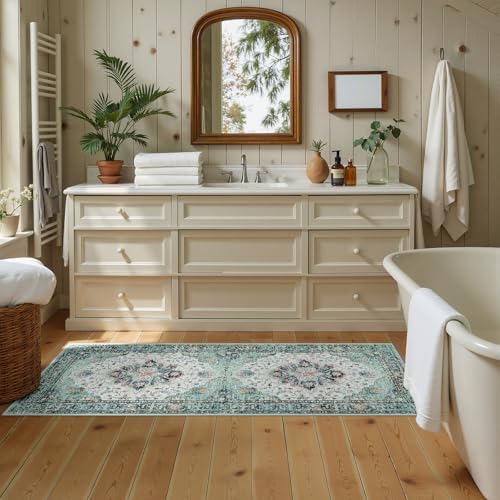 RELEANY Washable Area Rug, Runner 2'x5', Teal Green/White/Navy - Image 2