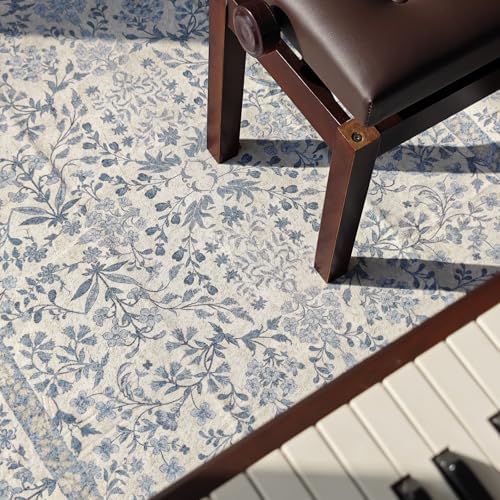 jinchan 5x5 Washable Corner Area Rug, Soft Floral Non-Slip, Blue/Cream - Image 4