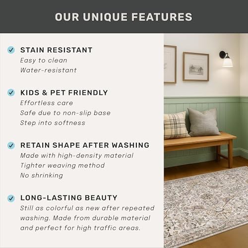 Moss 3x6 Washable Rug for Large Entryway - Boho Bird Rugs for Kitchen, Bedroom Bedside, Indoor Entrance Door Mat with Moody Woodland Flowers, Non-Slip Stain Resistant Low Pile - Image 6