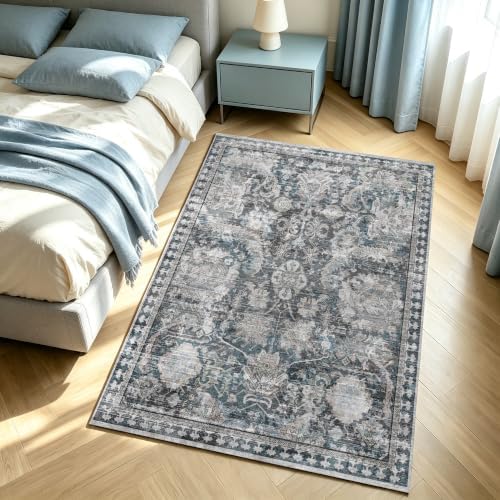 RUGSURE Washable Area Rugs - Perfect for Living Room, Bedroom, Kids Room, Nursery - Stain & Water Resistant Non-Slip, Pet & Child Friendly, Vintage Tribal Area Rugs (Grey and Blue, 3' x 5 ') - Image 2