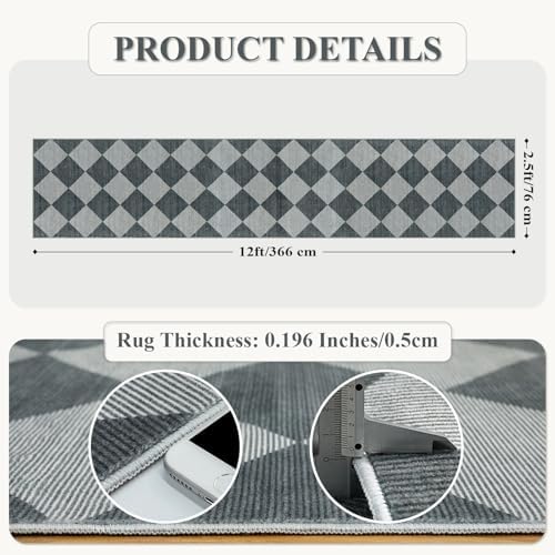 Beeiva Checkered Rug Runner for Hallways 2.5x12, Kitchen Runner Rugs Non Skid Washable Ultra Thin, Moroccan Extra Long Carpet for Bathroom Decor, Modern Plaid Carpet for Kitchen (Blue/Grey) - Image 2