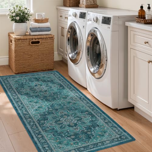 Washable Hallway Runner Rug 2'x5', Vintage Medallion, Boho Teal - Image 5