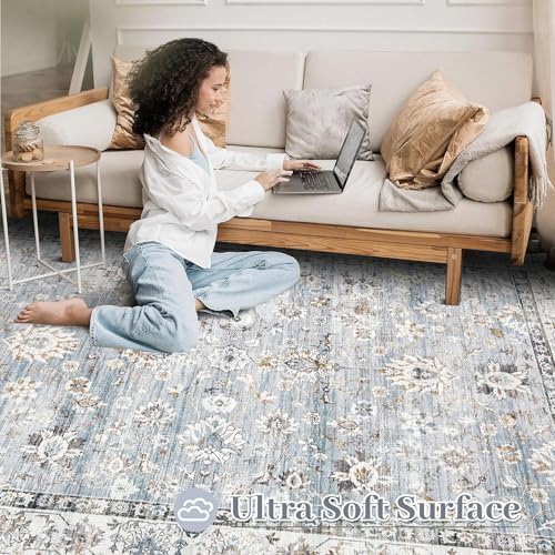 XLUEZ Area Rug 5x7 Living Room Rug, Machine Washable Vintage Distressed Boho Area Rug Non-Slip Soft Low Pile Large Indoor Rugs for Bedroom Kitchen Dining Room Office(Light Blue,5'x7') - Image 4