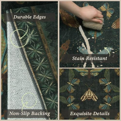 JTJ Vintage Insect Kitchen Rug Set of 3, Dark Green Washable Mats - Image 4