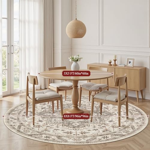 cotiled 8ft Round Living Room Area Rug, Washable, Traditional, Light Brown - Image 5