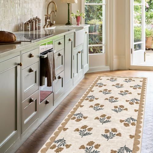 Non Slip Washable Hallway Runner Rug - 2.6x10 Long Beige Kitchen Runner Rug Soft Boho Runners for Hallways Cottage Floral Scalloped Area Rug for Bedroom Entryway Foyer Bathroom Double Vanity - Image 6