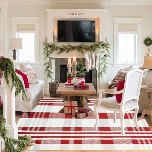 Christmas Plaid Outdoor Rug, 4' x 6' Red&White Check Indoor/Outdoor Area Rug, Layering Rug for Hello/Welcome Door Mat, Machine Washable Cotton Woven Rug for Farmhouse Front Porch, Entryway by BOTTA