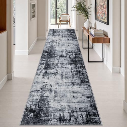 3x14 Washable Runner Rug：Modern Abstract Soft Carpet Dark Black by FXRHLP