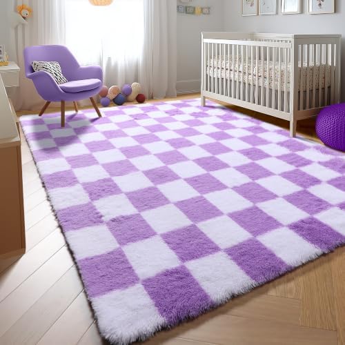 KICMOR Purple Rugs for Living Room Bedroom, 5x7 Fluffy Soft Checkered Area Rug Fuzzy Shag Shaggy Carpet, Indoor Furry Plush Floor Rugs for Kids Girls Boys Baby Teen Dorm Nursery Home Decor Aesthetic - Image 5