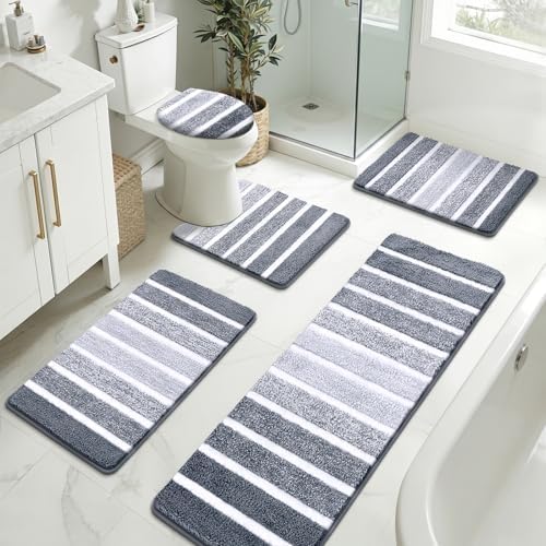 Yamaziot Grey Bathroom Rug Set 5 Piece Washable Non Slip Striped Bath Mat by Yamaziot