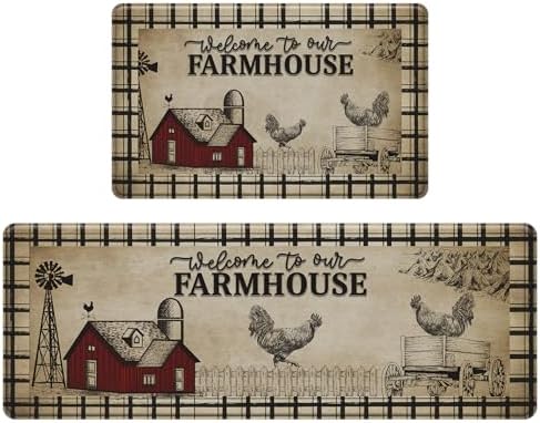 2PCS Farmhouse Kitchen Rugs,Retro Rooster Anti Fatigue Kitchen Mat by CHICNOOK