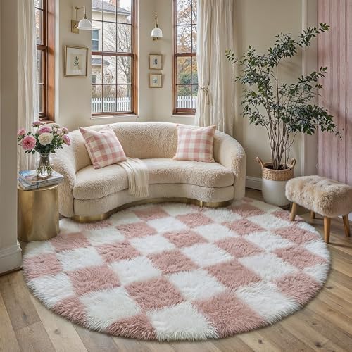 PureCozy Pink Round Rug 6ft for Bedroom Soft Fluffy Checkered Shag Carpet - Image 2