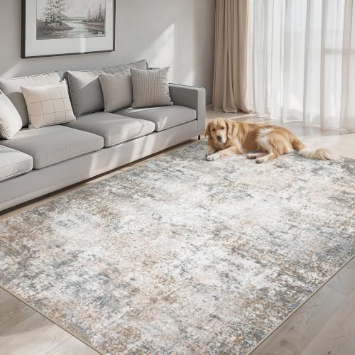 PLHXFR Area Rug Living Room: 4x6 Abstract Washable Carpet Brown Grey by PLHXFRSoftAreaRugs